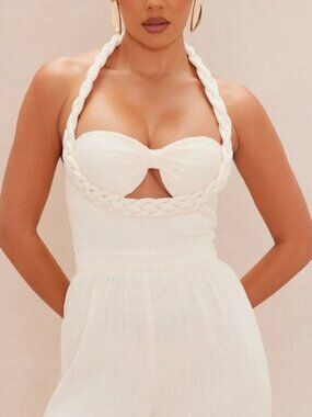 NOVALUXE Chelsea Textured Braided Detail Halter Cream Jumpsuit Wide Leg XL
